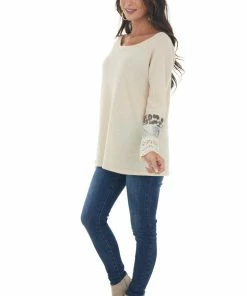 BiBi Beige Long Sleeve Waffle Knit Top With Multiprint Cuff Tops
