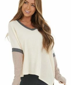 CY Fashion Tops Cream And Mauve Colorblock Long Sleeve Waffle Knit Top