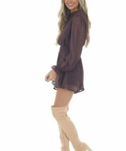 She + Sky Chocolate Swiss Dot Long Puff Sleeve Romper Dresses