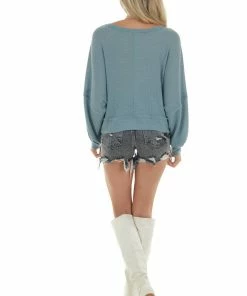 She + Sky Faded Teal Waffle Knit Puff Sleeve Loose Top