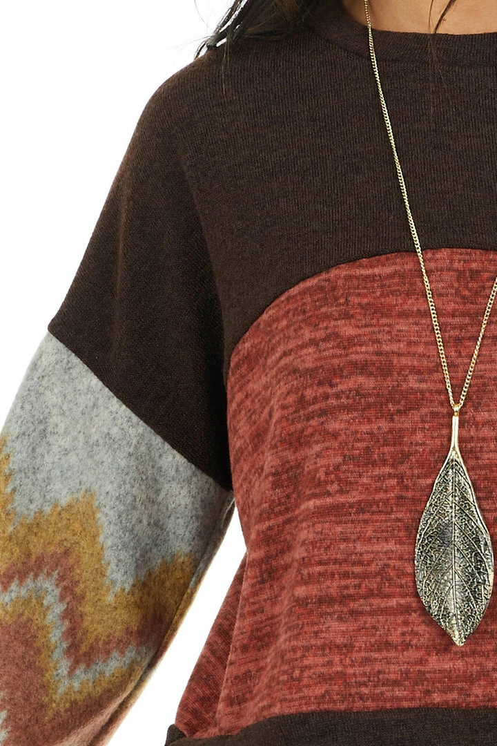 RAE MODE Chocolate Brown And Marsala Knit Top With Aztec Print Sleeve Tops 18 RAE MODE Chocolate Brown And Marsala Knit Top With Aztec Print Sleeve Tops