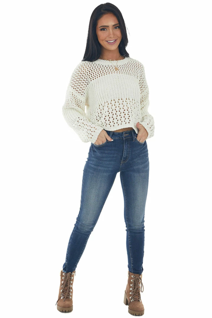 LE LIS Buttercream Chenille Pointelle Cropped Sweater Tops 16 LE LIS Buttercream Chenille Pointelle Cropped Sweater Tops