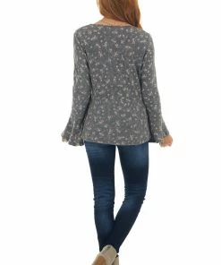 143 Story Stone Grey Ditsy Floral Surplice Soft Knit Top Tops