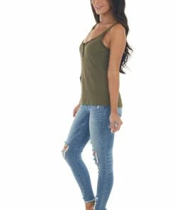 ANGIE Olive Ribbed Knit Tank Top With Button And Lace Trim Details