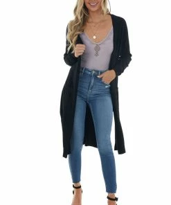 Style Melody Tops Black Longline Open Front Knit Cardigan