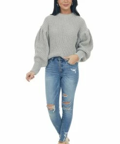 GeeGee Tops Pewter Grey Puff Sleeve Thick Knit Sweater