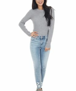 Wishlist Tops Dove Grey Ribbed Knit Bodysuit With Scalloped Neckline