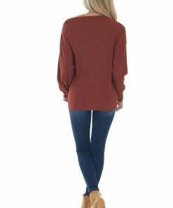 Hayden Tops Rust Off Shoulder Ribbed Knit Top With Zipper Detail