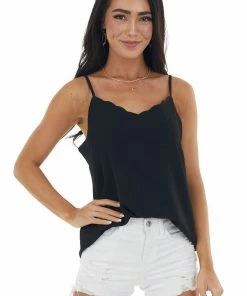 GiGiO Tops Black Sleeveless Tank Top With Scalloped Neckline