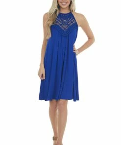 CY Fashion Royal Blue Short Dress With Lace Front And Keyhole Back