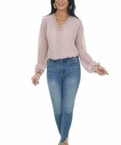 Miss Sparkling Dusty Rose Swiss Dot Blouse With Lace Details Tops