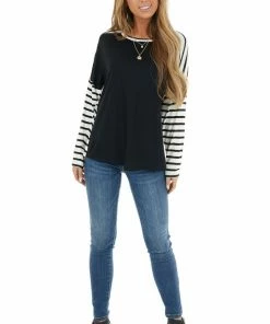 Lovely Melody Tops Black And Ivory Striped Long Sleeve Top With Solid Front 25 Lovely Melody Tops Black And Ivory Striped Long Sleeve Top With Solid Front