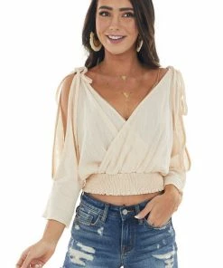 Peach Love Rich Champagne Cold Shoulder Open Back Blouse Tops