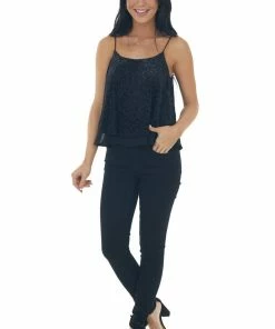 She + Sky Black Velvet Leopard Print Sleeveless Top