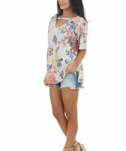 HOPELY Tops Eggshell Floral Print Short Sleeve Top With Cut Out Detail
