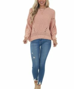 Charlotte Avery Peach Chenille Bubble Sleeve Cut Out Sweater