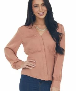 NAKED ZEBRA Tops Dusty Apricot V Neck Drop Waist Satin Blouse