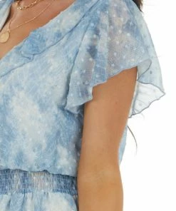 Peach Love Powder Blue Swiss Dot Snakeskin Print Romper