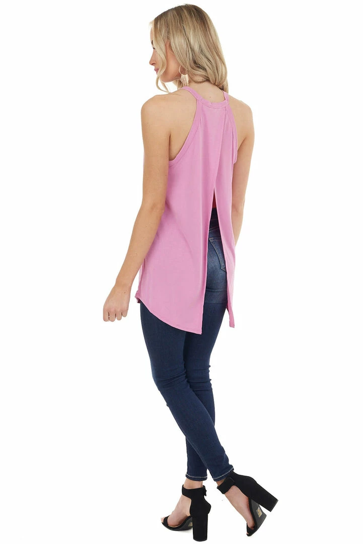 White Birch Light Magenta Sleeveless High Neck Top With Open Slit Back Tops 15 White Birch Light Magenta Sleeveless High Neck Top With Open Slit Back Tops