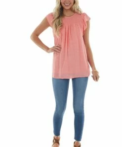 143 Story Tops Coral Smocked Cap Sleeve Woven Blouse