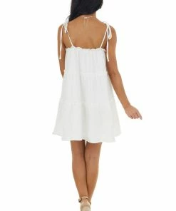 HYFVE Ivory Textured Sleeveless Tiered Mini Dress With Ruffles Dresses