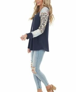 Lovely Melody Navy Waffle Knit Top With Contrast Multiprint Long Sleeves