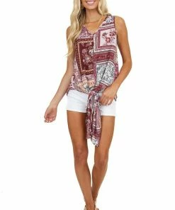 Andree Plum Floral Multi Print Sleeveless V Neck Top With Tie Tops