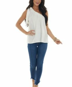 BiBi Ivory One Shoulder Top With Self Tie Strap Tops