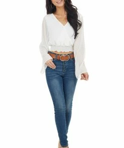 Peach Love Tops Pearl Swiss Dot Long Kimono Sleeve Crop Top With Tie Detail