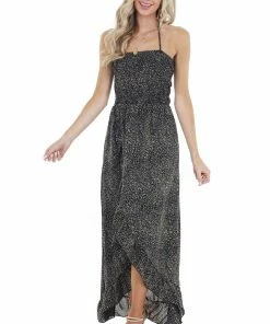 EPretty Black Abstract Print Open Back Dress With Ruffle Detail Dresses