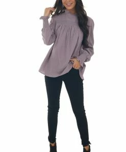 143 Story Tops Mauve High Frill Neck Lace Detail Yoke Blouse