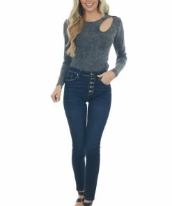 LE LIS Tops Charcoal Stone Washed Front Cutout Bodysuit 27 LE LIS Tops Charcoal Stone Washed Front Cutout Bodysuit