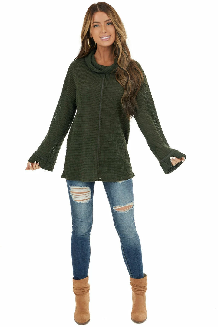 BiBi Tops Dark Olive Waffle Knit Long Sleeve Top With Cowl Neckline 12 BiBi Tops Dark Olive Waffle Knit Long Sleeve Top With Cowl Neckline