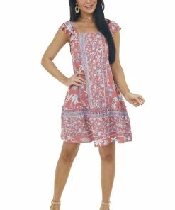 Jodifl Salmon Floral Cap Sleeve Short Dress Dresses