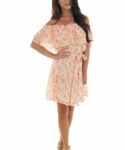 Flying Tomato Dresses Peach Floral Off Shoulder Ruffle Tiered Dress 14 Flying Tomato Dresses Peach Floral Off Shoulder Ruffle Tiered Dress