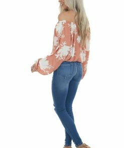 Ces Femme Coral Tropical Floral Print Off Shoulder Top Tops