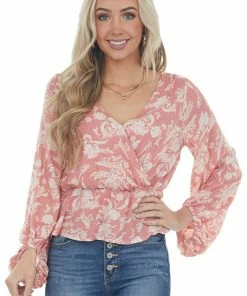 Peach Love Watermelon Floral Print Surplice Peplum Blouse
