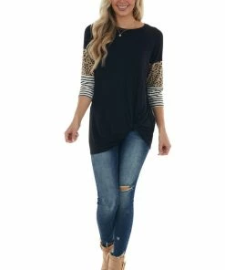 Now N Forever Black Multi Print Knit Top With 3-4 Sleeves