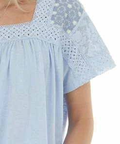 Easel Pastel Blue Crochet Lace Yoke Short Sleeve Top 27 Easel Pastel Blue Crochet Lace Yoke Short Sleeve Top
