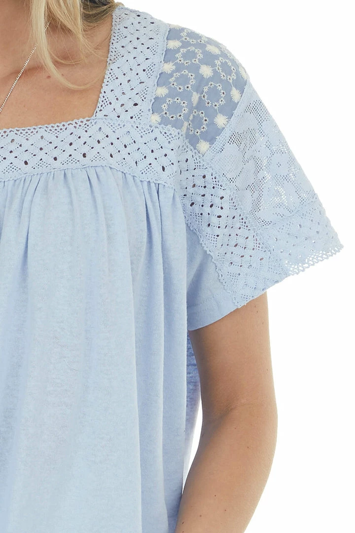 Easel Pastel Blue Crochet Lace Yoke Short Sleeve Top 15 Easel Pastel Blue Crochet Lace Yoke Short Sleeve Top