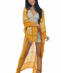 ANGIE Tops Marigold Damask Kimono With Pom Pom Detail