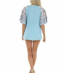 BiBi Azure And Floral Print Sleeve Raglan Top Tops