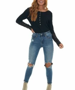 BiBi Black Long Lace Sleeve Ribbed Henley Top