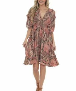 Sweet Lemon Dresses Rust Floral Print Plunging V Neck Short Dress
