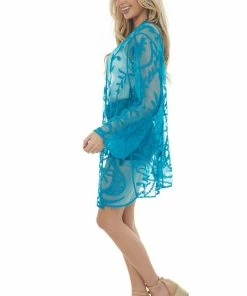 Davi & Dani Tops Rich Azure Crochet Lace Open Front Kimono