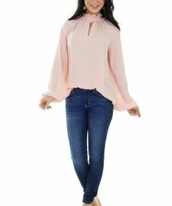 Main Strip Peach Smocked Neck Bubble Sleeve Keyhole Top