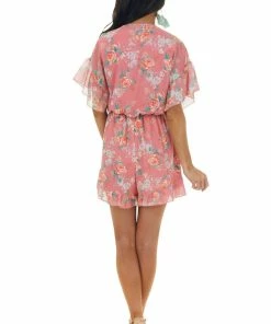 Peach Love Watermelon Floral Print Surplice Neck Romper
