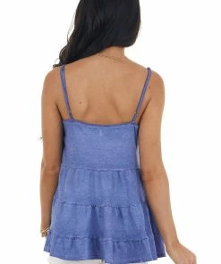Umgee Vintage Indigo Sleeveless Tiered Knit Top With V Neckline