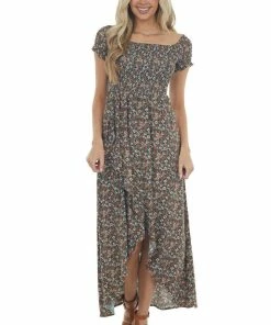 Sweet Lemon Navy Floral Off Shoulder Smocked Maxi Dress Dresses