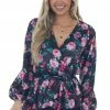 Peach Love Black Floral Print Satin Surplice Top With Tie 2 Peach Love Black Floral Print Satin Surplice Top With Tie
